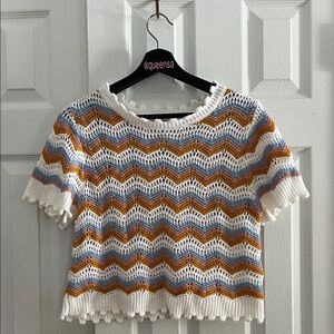 Crochet frill short sleeve knit top in blue and neutral stripes Chevron Knit Top